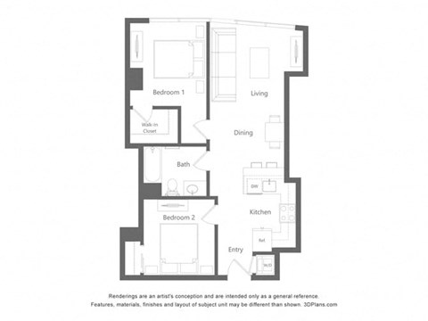 Floor plan for 1 bed, 1 bath, 818 sqft